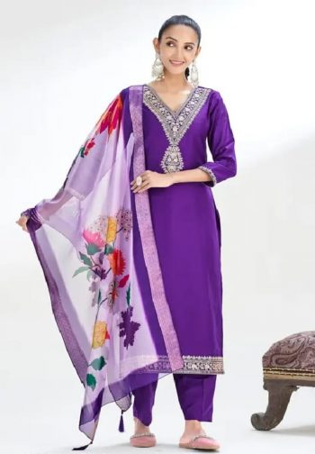 DESIGNER CHINON EMBROIDERY WORK TOP BOTTOM WITH DUPATTA  PURPLE