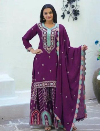 DESIGNER CHINON EMBROIDERY WORK TOP SHARARA WITH DUPATTA WINE