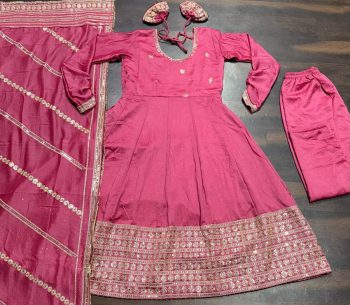 DESIGNER CHINON EMBROIDERY ZARI CODING SEQUENCE WORK GOWN BOTTOM WITH DUPATTA PINK