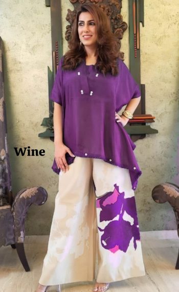 DESIGNER CHINON FLORAL PRINTED LACE WORK KAFTAN WITH PALAZZO WINE