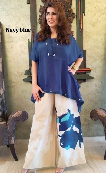 DESIGNER CHINON FLORAL PRINTED LACE WORK KAFTAN WITH PALAZZO BLUE