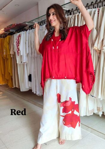 DESIGNER CHINON FLORAL PRINTED LACE WORK KAFTAN WITH PALAZZO RED