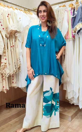 DESIGNER CHINON FLORAL PRINTED LACE WORK KAFTAN WITH PALAZZO RAMA