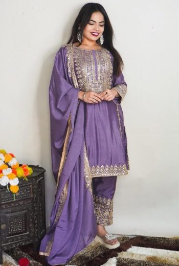 DESIGNER CHINON EMBROIDERY MULTI SEQUENCE WORK TOP BOTTOM WITH DUPATTA LAVENDER