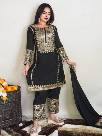 DESIGNER CHINON EMBROIDERY MULTI SEQUENCE WORK TOP BOTTOM WITH DUPATTA BLACK