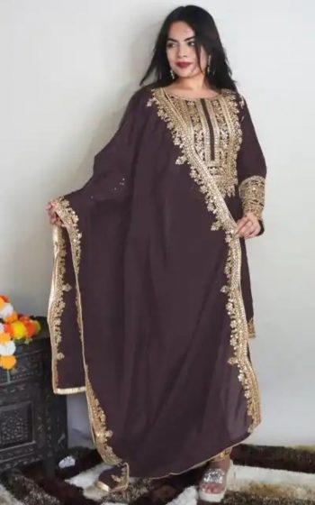 DESIGNER CHINON EMBROIDERY MULTI SEQUENCE WORK TOP BOTTOM WITH DUPATTA MAROON