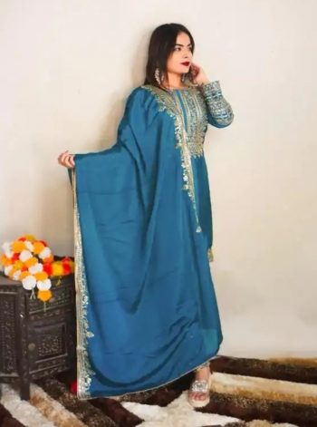 DESIGNER CHINON EMBROIDERY MULTI SEQUENCE WORK TOP BOTTOM WITH DUPATTA RAMA