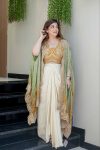 DESIGNER CHINON PLAIN PLEATED SKIRT BANDHANI PRINTED EMBROIDERY WORK SHRUG WITH EMBROIDERY WORK STITCHED BLOUSE (12)