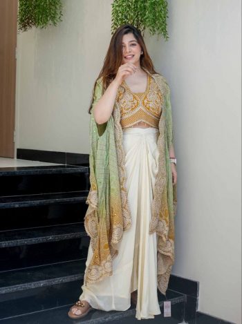 DESIGNER CHINON PLAIN PLEATED SKIRT BANDHANI PRINTED EMBROIDERY WORK SHRUG WITH STITCHED BLOUSE PERROT GREEN