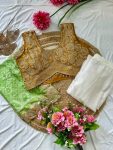 DESIGNER CHINON PLAIN PLEATED SKIRT BANDHANI PRINTED EMBROIDERY WORK SHRUG WITH EMBROIDERY WORK STITCHED BLOUSE (12)