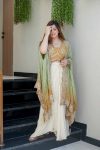 DESIGNER CHINON PLAIN PLEATED SKIRT BANDHANI PRINTED EMBROIDERY WORK SHRUG WITH EMBROIDERY WORK STITCHED BLOUSE (12)