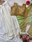 DESIGNER CHINON PLAIN PLEATED SKIRT BANDHANI PRINTED EMBROIDERY WORK SHRUG WITH EMBROIDERY WORK STITCHED BLOUSE (12)