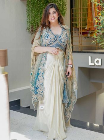 DESIGNER CHINON PLAIN PLEATED SKIRT BANDHANI PRINTED EMBROIDERY WORK SHRUG WITH STITCHED BLOUSE SKY
