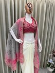 DESIGNER CHINON PLAIN PLEATED SKIRT BANDHANI PRINTED EMBROIDERY WORK SHRUG WITH EMBROIDERY WORK STITCHED BLOUSE PARTY WEAR WHOLESALE PRICE ETHNIC GARMENT (4)
