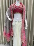 DESIGNER CHINON PLAIN PLEATED SKIRT BANDHANI PRINTED EMBROIDERY WORK SHRUG WITH EMBROIDERY WORK STITCHED BLOUSE PARTY WEAR WHOLESALE PRICE ETHNIC GARMENT (4)
