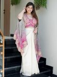 DESIGNER CHINON PLAIN PLEATED SKIRT BANDHANI PRINTED EMBROIDERY WORK SHRUG WITH STITCHED BLOUSE PINK
