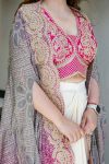 DESIGNER CHINON PLAIN PLEATED SKIRT BANDHANI PRINTED EMBROIDERY WORK SHRUG WITH EMBROIDERY WORK STITCHED BLOUSE PARTY WEAR WHOLESALE PRICE ETHNIC GARMENT (4)