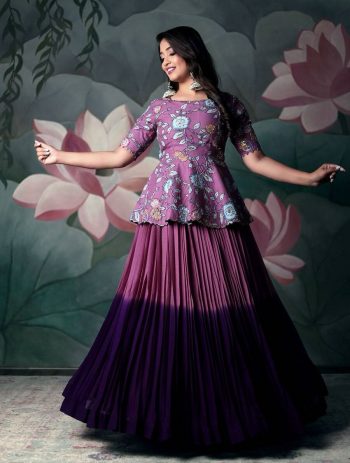 DESIGNER CHINON PRINTED HANDWORK FULL STITCHED  TOP WITH LEHENGA PINK