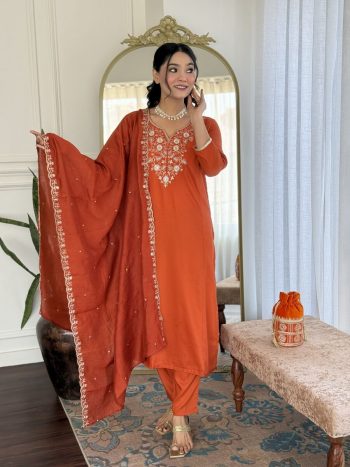 DESIGNER CHINON SEQUENCE CODING EMBROIDERY WORK TOP BOTTOM WITH DUPATTA ORANGE
