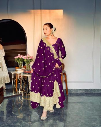 DESIGNER CHINON SEQUENCE EMBROIDERY WORK GOWN BOTTOM WITH DUPATTA PURPLE