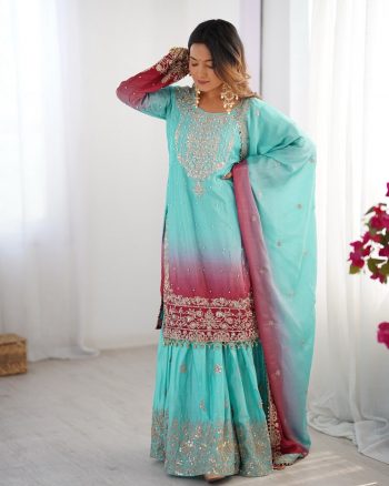 DESIGNER CHINON SILK CODING EMBROIDERY MOTI WORK TOP SHARARA WITH DUPATTA SKY