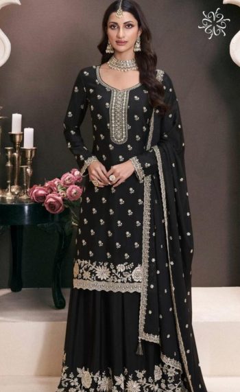 DESIGNER CHINON SILK EMBROIDERY AND SEQUENCE WORK TOP PALAZZO WITH DUPATTA BLACK