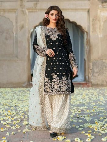 DESIGNER CHINON SILK EMBROIDERY AND SEQUENCE WORK WITH RIVET MOTI WORK TOP PALAZZO WITH DUPATTA BLACK