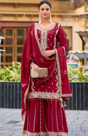 DESIGNER CHINON SILK EMBROIDERY CODING SEQUENCE WORK WITH REAL MIRROR KHATLI WORK TOP SHARARA WITH DUPATTA MAROON