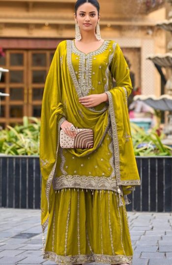 DESIGNER CHINON SILK EMBROIDERY CODING SEQUENCE WORK WITH REAL MIRROR KHATLI WORK TOP SHARARA WITH DUPATTA LEMON