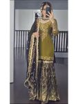DESIGNER CHINON SILK EMBROIDERY LACE BORDER WORK TOP SHARARA WITH DUPATTA MEHNDI