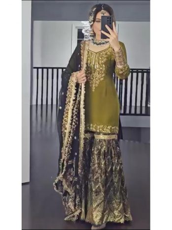 DESIGNER CHINON SILK EMBROIDERY LACE BORDER WORK TOP SHARARA WITH DUPATTA MEHNDI