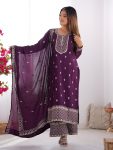 DESIGNER CHINON SILK EMBROIDERY SEQUENCE LACE WORK TOP PALAZZO WITH DUPATTA PURPLE