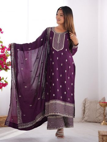 DESIGNER CHINON SILK EMBROIDERY SEQUENCE LACE WORK TOP PALAZZO WITH DUPATTA PURPLE