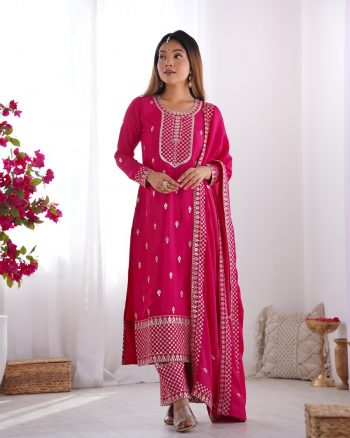 DESIGNER CHINON SILK EMBROIDERY SEQUENCE LACE WORK TOP PALAZZO WITH DUPATTA RANI