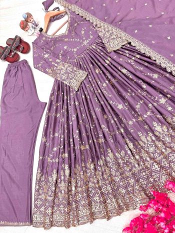 DESIGNER CHINON SILK EMBROIDERY SEQUENCE MIRROR WORK GOWN BOTTOM WITH DUPATTA PINK