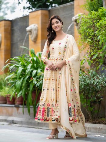 DESIGNER CHINON SILK EMBROIDERY SEQUENCE WORK GOWN BOTTOM WITH DUPATTA CHIKU