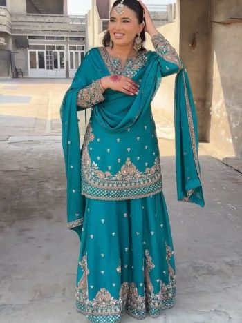 DESIGNER CHINON SILK EMBROIDERY SEQUENCE WORK TOP PALAZZO WITH DUPATTA RAMA