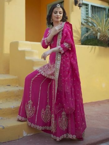 DESIGNER CHINON SILK EMBROIDERY SEQUENCE WORK TOP PALAZZO WITH DUPATTA PINK
