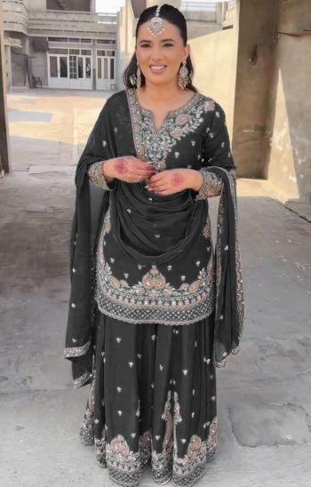 DESIGNER CHINON SILK EMBROIDERY SEQUENCE WORK TOP PALAZZO WITH DUPATTA BLACK