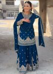 DESIGNER CHINON SILK EMBROIDERY SEQUENCE WORK TOP PALAZZO WITH DUPATTA BLUE