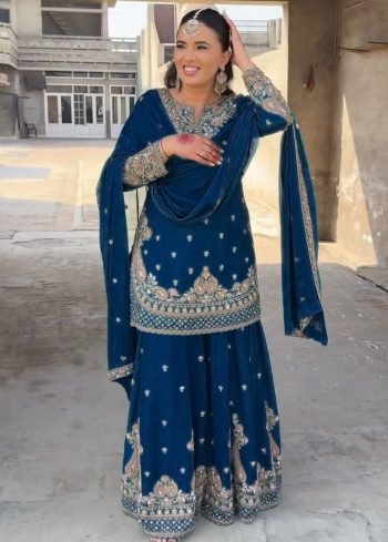 DESIGNER CHINON SILK EMBROIDERY SEQUENCE WORK TOP PALAZZO WITH DUPATTA BLUE