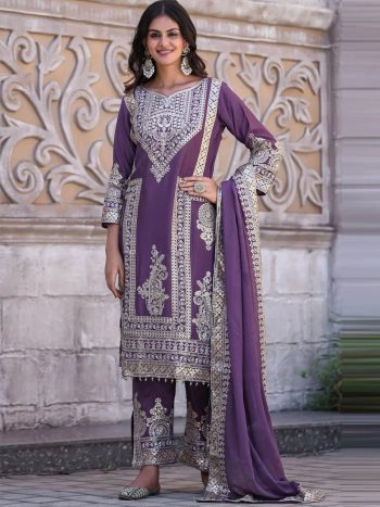 DESIGNER CHINON SILK EMBROIDERY SEQUENCE WORK TOP PALAZZO WITH DUPATTA PURPLE