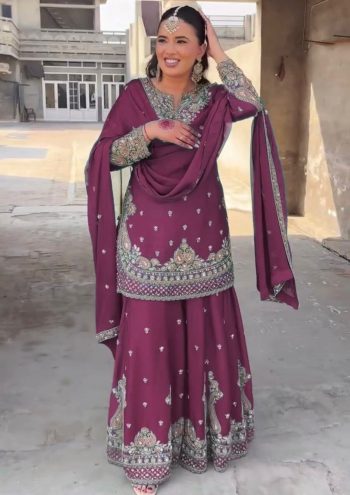 DESIGNER CHINON SILK EMBROIDERY SEQUENCE WORK TOP PALAZZO WITH DUPATTA PEACH