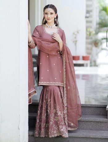 DESIGNER CHINON SILK EMBROIDERY SEQUENCE WORK TOP SHARARA WITH DUPATTA BABY PINK