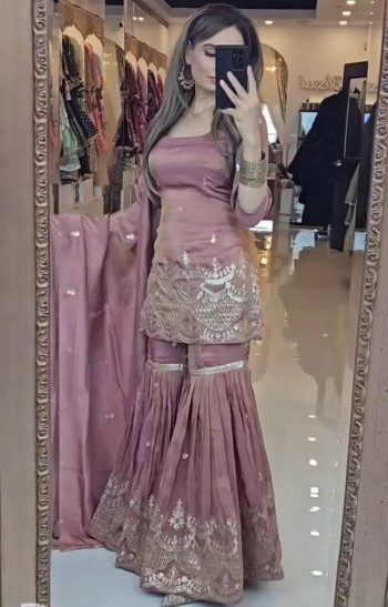 DESIGNER CHINON SILK EMBROIDERY SEQUENCE WORK TOP SHARARA WITH DUPATTA