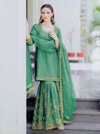 DESIGNER CHINON SILK EMBROIDERY SEQUENCE WORK TOP SHARARA WITH DUPATTA GREEN