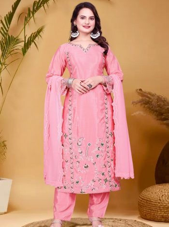 DESIGNER CHINON SILK EMBROIDERY THREAD SEQUENCE WORK TOP BOTTOM WITH DUPATTA BABY PINK