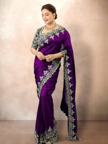 DESIGNER CHINON SILK EMBROIDERY  WITH PIPING BORDER  WORK SAREE WITH UNSTITCHED BLOUSE PURPLE