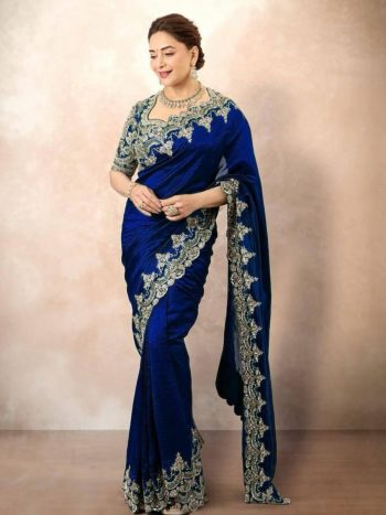 DESIGNER CHINON SILK EMBROIDERY  WITH PIPING BORDER  WORK SAREE WITH UNSTITCHED BLOUSE BLUE