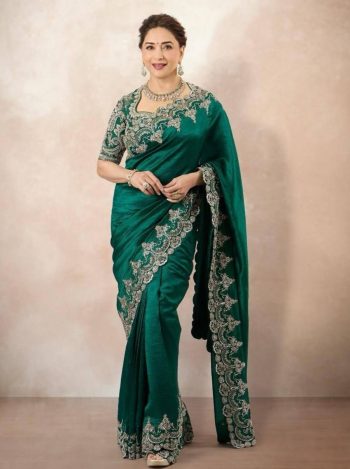 DESIGNER CHINON SILK EMBROIDERY  WITH PIPING BORDER  WORK SAREE WITH UNSTITCHED BLOUSE GREEN